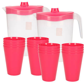 16x kunststof drinkbekers 430 ML met 2x stuks schenkkannen set roze van 2.5 liter - Schenkkannen