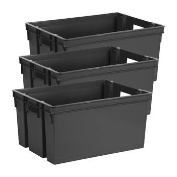 EDA Opbergbox/Opbergkrat 50 L - 6x - zwart - kunststof - 56 x 41 x 29 - stapelbaar/nestbaar - Opbergbox