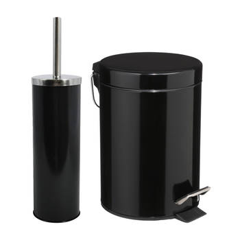 MSV Badkamer accessoires set - zwart - metaal - pedaalemmer 3L en toiletborstel in houder - Toiletborstels
