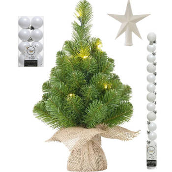Kunst kerstboom met 15 LED lampjes 60 cm inclusief witte versiering 31-delig - Kunstkerstboom
