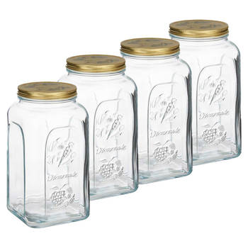 Pasabahce Voorraadpot/bewaarpot Square - 4x - glas - 3L - transparant/goud - D13 x H25 cm - voedsel bewaren - Voorraadpo