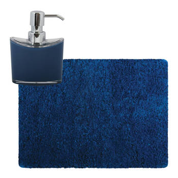MSV badkamer droogloop tapijt - Langharig - 50 x 70 cm - incl zeeppompje 260 ml - donkerblauw - Badmatjes