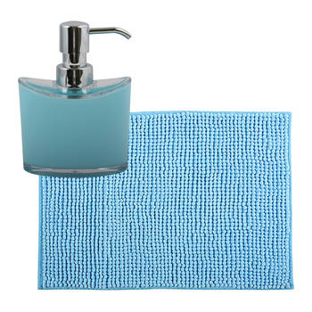 MSV badkamer droogloop mat/tapijtje - 50 x 80 cm - en zelfde kleur zeeppompje 260 ml - lichtblauw - Badmatjes