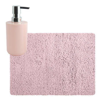 MSV badkamer droogloop tapijt - Langharig - 50 x 70 cm - incl zeeppompje zelfde kleur - lichtroze - Badmatjes