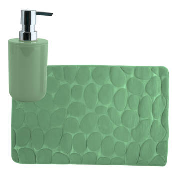 MSV badkamer droogloop mat/tapijt Kiezel - 50 x 80 cm - zelfde kleur zeeppompje - groen - Badmatjes