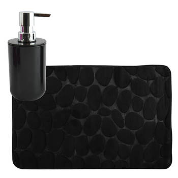 MSV badkamer droogloop mat/tapijt Kiezel - 50 x 80 cm - zelfde kleur zeeppompje - zwart - Badmatjes