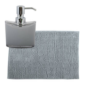 MSV badkamer droogloop mat/tapijtje - 40 x 60 cm - en zelfde kleur zeeppompje 260 ml - lichtgrijs - Badmatjes