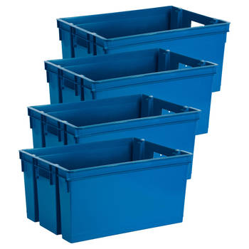 EDA Opbergbox/opbergkrat 50 L - 4x - blauw - kunststof - 56 x 41 x 29 - stapelbaar/nestbaar - Opbergbox