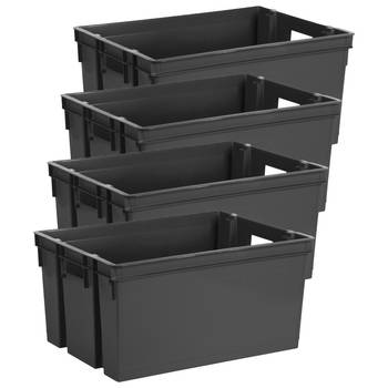 EDA Opbergbox/Opbergkrat 50 L - 4x - zwart - kunststof - 56 x 41 x 29 - stapelbaar/nestbaar - Opbergbox