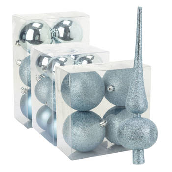 Kerstversiering set kerstballen met piek ijsblauw 6 - 8 - 10 cm - pakket van 63x stuks - Kerstbal