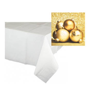 Kerst thema tafelkleed/tafellaken met servetten set goud en wit - Tafellakens