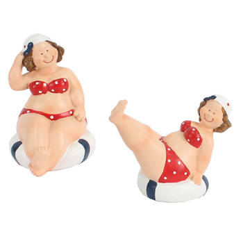 Woonkamer decoratie beeldjes set van 2 dikke dames - rood badpak - 10 cm - Beeldjes
