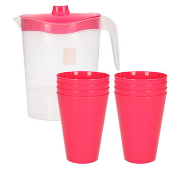 8x kunststof drinkbekers 430 ML met schenkkan set roze van 2.5 liter - Schenkkannen