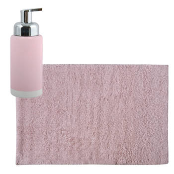 MSV badkamer droogloop mat/tapijt - 40 x 60 cm - met zelfde kleur zeeppompje 300 ml - lichtroze - Badmatjes