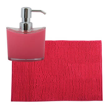 MSV badkamer droogloop mat/tapijtje - 40 x 60 cm - en zelfde kleur zeeppompje 260 ml - fuchsia roze - Badmatjes