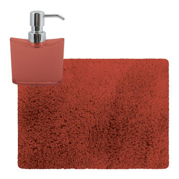 MSV badkamer droogloop tapijt - Langharig - 50 x 70 cm - incl zeeppompje 260 ml - terracotta - Badmatjes