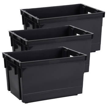 EDA Opbergbox/opbergkrat 20 L - 3x - zwart - kunststof - 39 x 29 x 23 - stapelbaar/nestbaar - Opbergbox