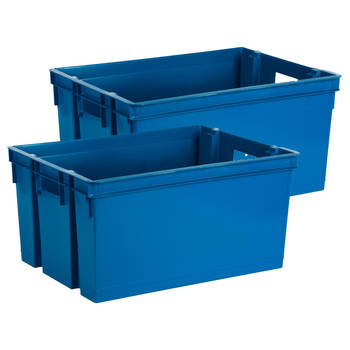 EDA Opbergbox/opbergkrat 50 L - 2x - blauw - kunststof - 56 x 41 x 29 - stapelbaar/nestbaar - Opbergbox