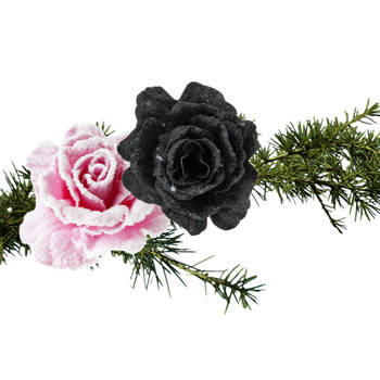 Cosy & Trendy Kerst bloemen op clip - 2x st - roze en zwart - 10 cm - Kersthangers