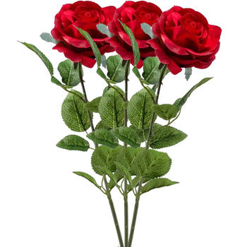 Emerald Kunstbloem roos Marleen - 3x - rood - 63 cm - decoratie bloemen - Kunstbloemen