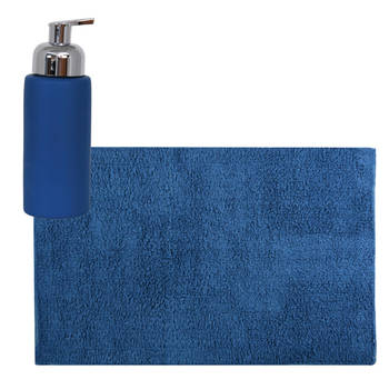 MSV badkamer droogloop mat/tapijt - 40 x 60 cm - met zelfde kleur zeeppompje 250 ml - donkerblauw - Badmatjes
