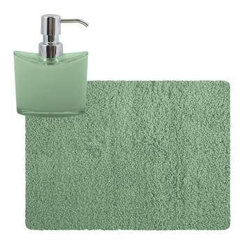 MSV badkamer droogloop tapijt - Langharig - 50 x 70 cm - incl zeeppompje 260 ml - groen - Badmatjes