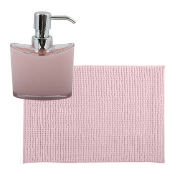 MSV badkamer droogloop mat/tapijtje - 40 x 60 cm - en zelfde kleur zeeppompje 260 ml - lichtroze - Badmatjes