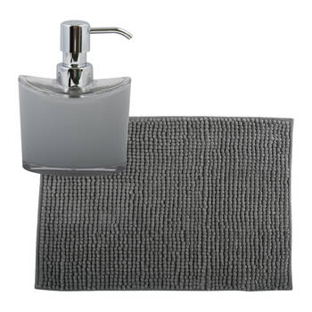 MSV badkamer droogloop mat/tapijtje - 40 x 60 cm - en zelfde kleur zeeppompje 260 ml - grijs - Badmatjes