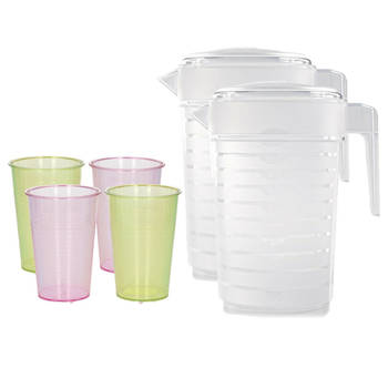 2x stuks water/limonade schenkkannen 2 liter met 12x kunststof glazen voordeelset - Schenkkannen