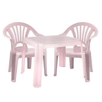 Forte Plastics Kinderstoelen 4x met tafeltje set - buiten/binnen - roze - kunststof - Kinderstoelen