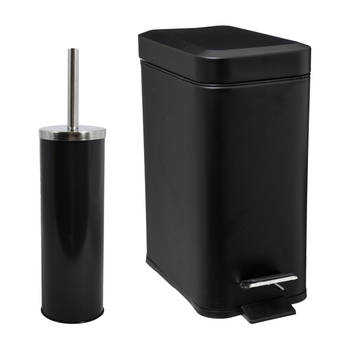 MSV Badkamer accessoires set - zwart - metaal - pedaalemmer 5L en toiletborstel in houder - Toiletborstels