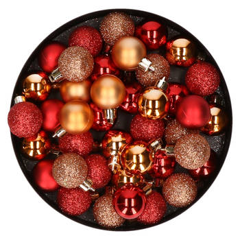 Kleine kunststof kerstversiering 40x stuks set en 3 cm kerstballen in het koper en rood - Kerstbal