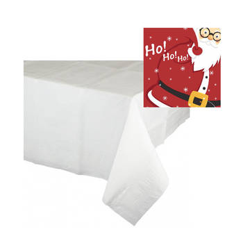 Kerst thema tafelkleed/tafellaken met servetten set wit met rood - Tafellakens