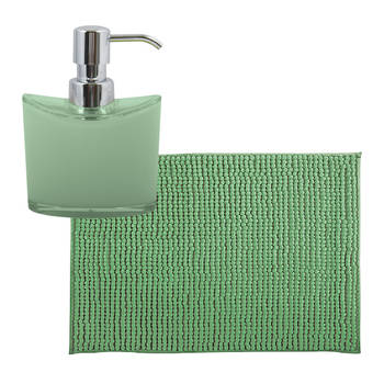 MSV badkamer droogloop mat/tapijtje - 50 x 80 cm - en zelfde kleur zeeppompje 260 ml - groen - Badmatjes