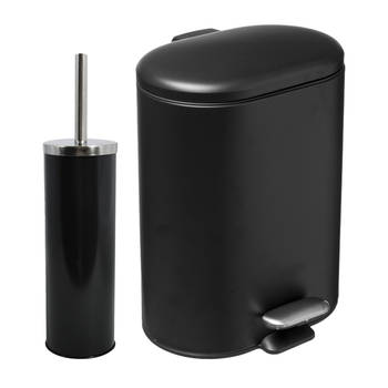 MSV Badkamer accessoires set - zwart - metaal - pedaalemmer 6L en toiletborstel in houder - Toiletborstels