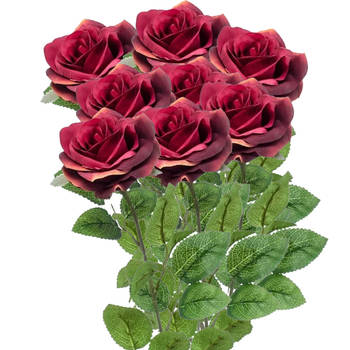 Emerald Kunstbloemen boeket roos Marleen - 8x - wijn rood - 63 cm - decoratie bloemen - Kunstbloemen