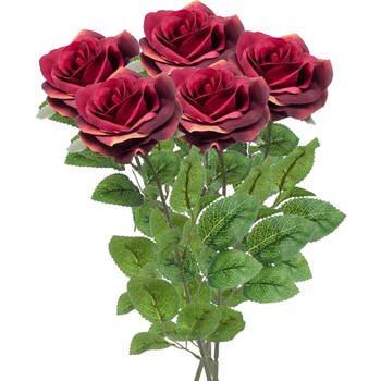 Emerald Kunstbloem roos Marleen - 5x - wijn rood - 63 cm - decoratie bloemen - Kunstbloemen