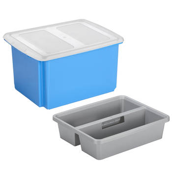 Sunware opslagbox kunststof 32 liter blauw 45 x 36 x 24 cm met deksel en organiser tray - Opbergbox