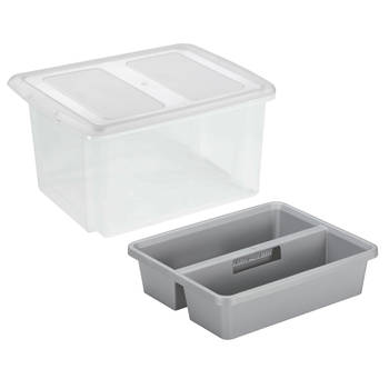 Sunware opslagbox kunststof 32 liter transparant 45 x 36 x 24 cm met deksel en organiser tray - Opbergbox