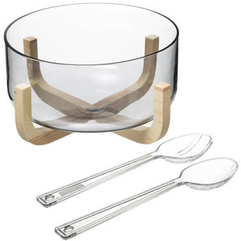 Secret de Gourmet Slakom/schaal met slacouvert - Glas/hout - D24 cm - Saladeschalen