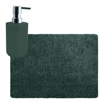 MSV badkamer droogloop tapijt - Langharig - 50 x 70 cm - incl zeeppompje zelfde kleur - donkergroen - Badmatjes