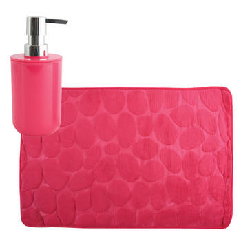 MSV badkamer droogloop mat/tapijt Kiezel - 50 x 80 cm - zelfde kleur zeeppompje - fuchsia roze - Badmatjes
