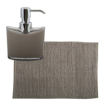MSV badkamer droogloop mat/tapijtje - 50 x 80 cm - en zelfde kleur zeeppompje 260 ml - beige - Badmatjes