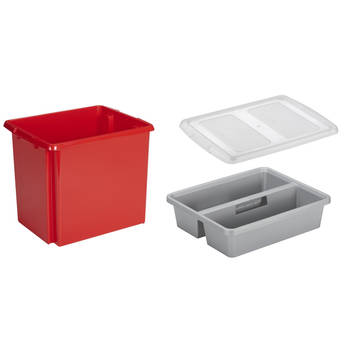 Sunware opslagbox kunststof 45 liter rood 45 x 36 x 36 cm met deksel en organiser tray - Opbergbox