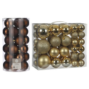 76x stuks kunststof kerstballen goud en bruin 4, 6 en 8 cm - Kerstbal