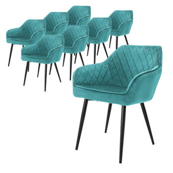 ML-Design Set van 8 eetkamerstoelen met armleuning en rugleuning, turquoise, keukenstoel met fluwelen bekleding,