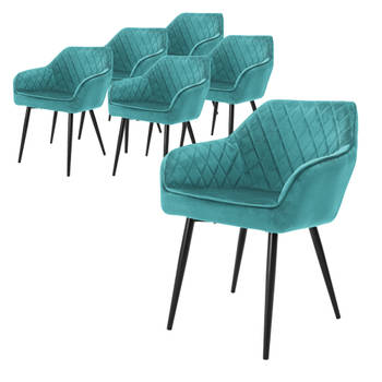 ML-Design Set van 6 eetkamerstoelen met armleuning en rugleuning, turquoise, keukenstoel met fluwelen bekleding,