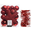 Kerstversiering kerstballen 5-6-8 cm met ster piek en golf folieslingers pakket rood van 35x stuks - Kerstbal