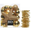 Kerstversiering kerstballen 5-6-8 cm met ster piek en sterren slingers pakket goud van 35x stuks - Kerstbal
