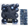 Kerstversiering kerstballen 5-6-8 cm met ster piek en folieslingers pakket donkerblauw van 35x stuks - Kerstbal